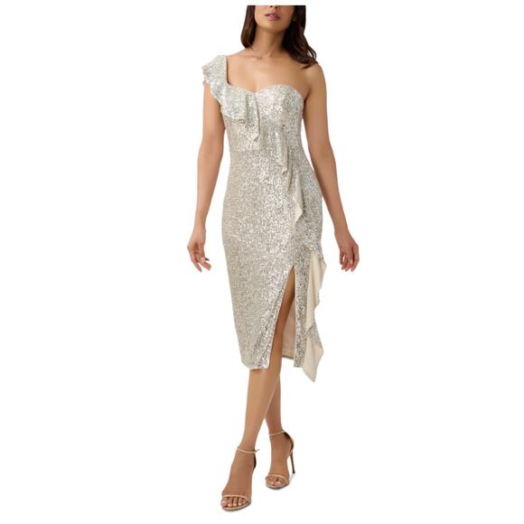 Aidan Mattox Sequined One Shoulder Ruffled Sheath Cocktail Dress Silver Size 12 - Picture 12 of 14